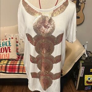 Sun Goddess White Sequin-Embellished Short Sleeve Top